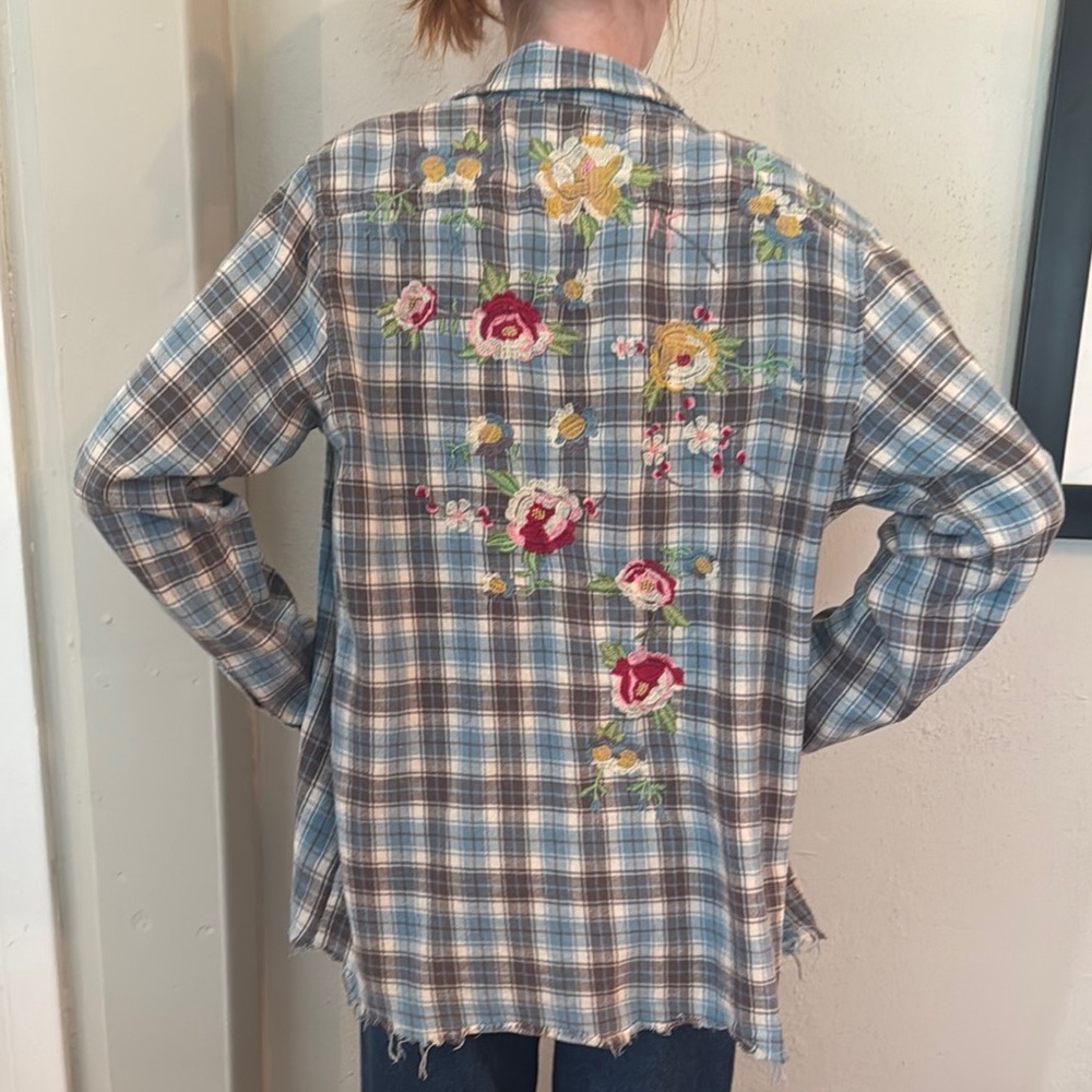 Floral Embroidered Plaid flannel - Blue
